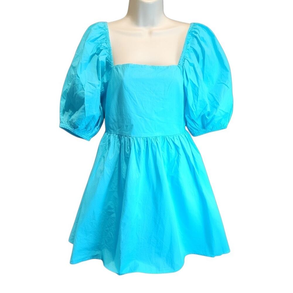 A New Day Mini Dress Medium M NWT Turquoise Blue Square Neck Puff Sleeve Cotton